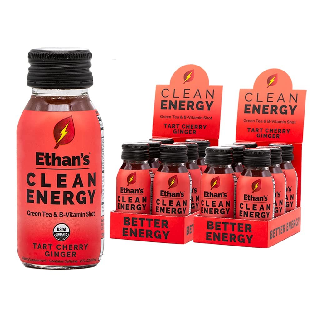 Ethan's Organic Clean Energy Shots Tart Cherry Ginger, Sugar Free Natural Pre-Workout Focus Boost, Gluten Free, Vegan, B6 & B12 Vitamin C with Green Tea Extract and Guayusa (12 Pack of 2oz Shots)