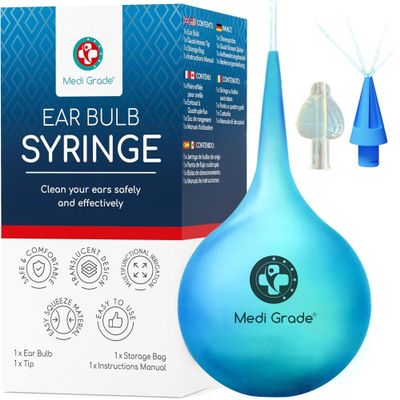 Medi Grade Ear Bulb Syringe 75ml (2.54 fl oz) Quad Stream Ear Syringe for Ear Irrigation - Gentle Earwax Removal Tool Bulb Syringe Ear Wax - with Travel Friendly Ear Cleaning Kit
