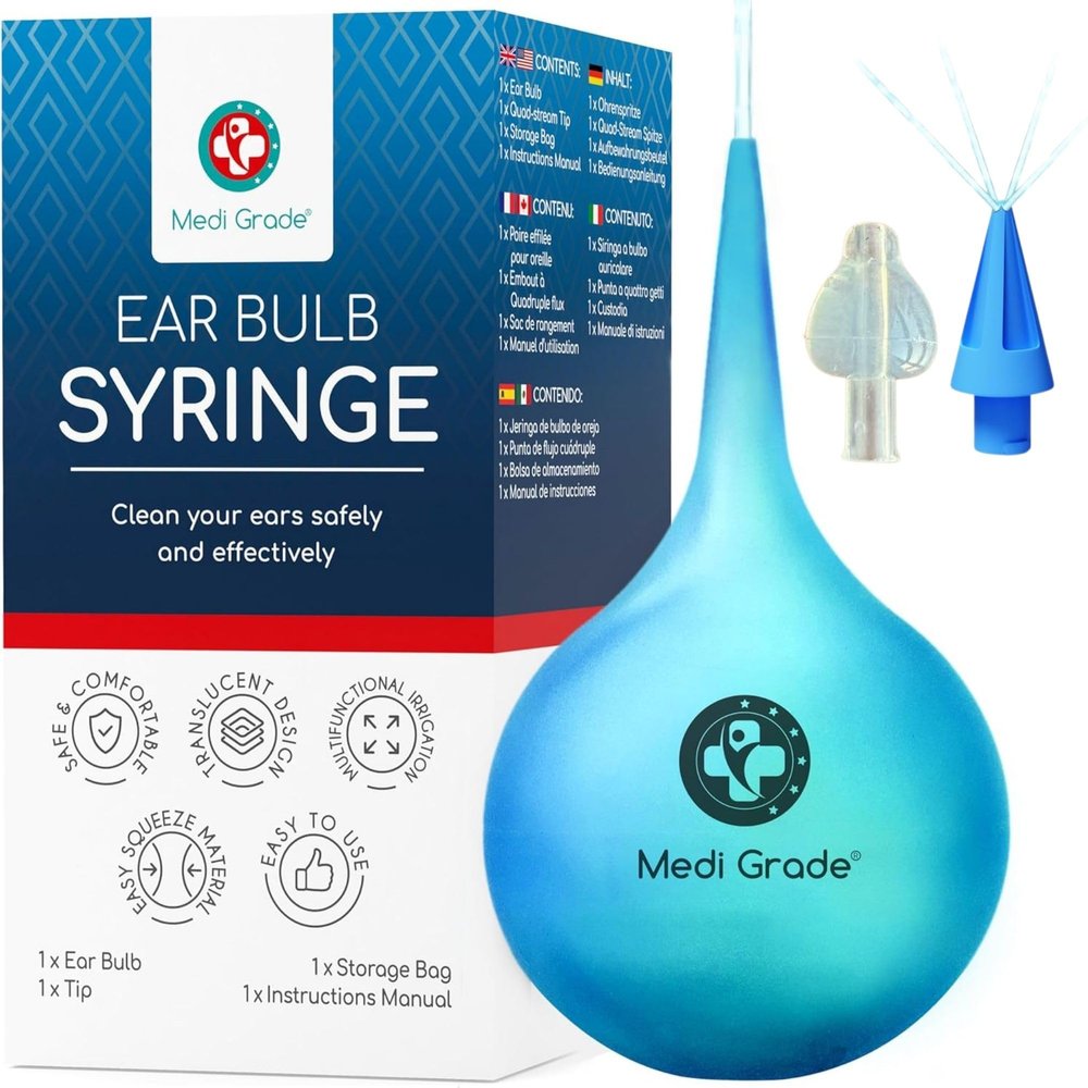 Medi Grade Ear Bulb Syringe 75ml (2.54 fl oz) Quad Stream Ear Syringe for Ear Irrigation - Gentle Earwax Removal Tool Bulb Syringe Ear Wax - with Travel Friendly Ear Cleaning Kit