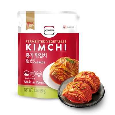 Spicy Premium Fermented Kimchi Napa Cabbage [ FUN SIZE Pouch Pack of 8] - [Original]  (Gluten Free / KETO / Vegan) | 0 Fat/ 0 Sugar/ 0 Cholesterol | Long Shelf Life | Perfect for Ramen & Stir-Fries - JONGGA