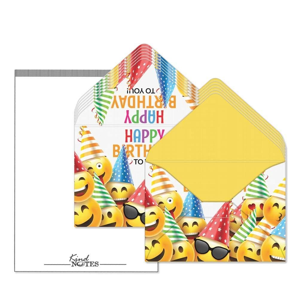 KindNotes Unique Mini Decorative Envelopes with Cardstock Papers | Set Includes 12 Linen-Textured Envelopes and 14 Blank Papers - Birthday Emojis