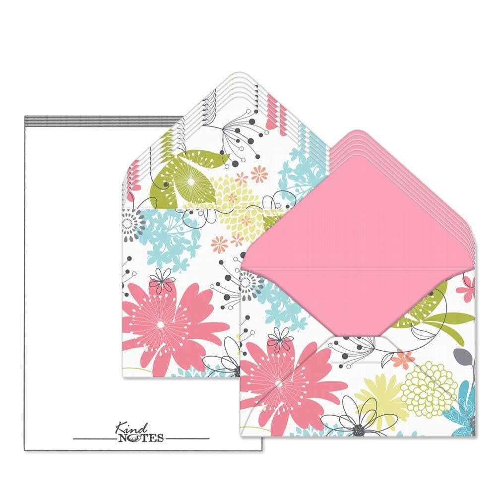 KindNotes Unique Mini Decorative Envelopes with Cardstock Papers | Set Includes 12 Linen-Textured Envelopes and 14 Blank Papers - Refreshing Floral