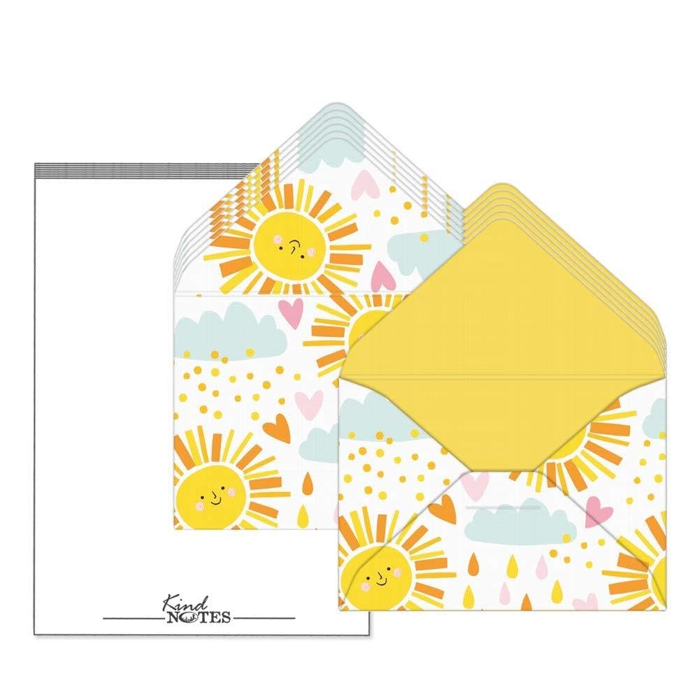 KindNotes Unique Mini Decorative Envelopes with Cardstock Papers | Set Includes 12 Linen-Textured Envelopes and 14 Blank Papers - Fun in The Sun