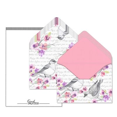 KindNotes Unique Mini Decorative Envelopes with Cardstock Papers | Set Includes 12 Linen-Textured Envelopes and 14 Blank Papers - Birds and Flowers