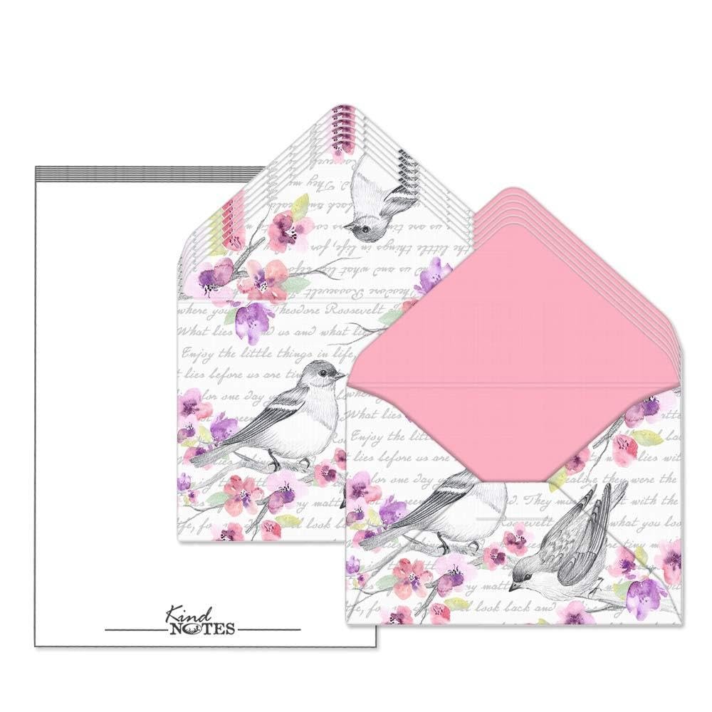 KindNotes Unique Mini Decorative Envelopes with Cardstock Papers | Set Includes 12 Linen-Textured Envelopes and 14 Blank Papers - Birds and Flowers