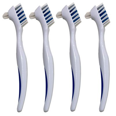 Denture Cleaner Brushes - Dual Sided Toothbrush with Ergonomic Rubber Handle for Dental Denture Care - Cleaning Brush Set 4-Pack FREE Eyeglass Pouch