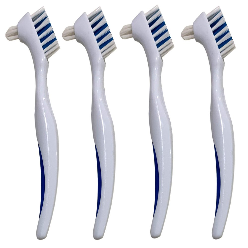 Denture Cleaner Brushes - Dual Sided Toothbrush with Ergonomic Rubber Handle for Dental Denture Care - Cleaning Brush Set 4-Pack FREE Eyeglass Pouch