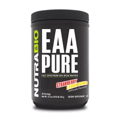 NutraBio  EAA Pure  9 Amino Acids  Muscle Repair and Recovery, 30 Servings, Strawberry Lemon Bomb  Pre or Post Workout  All Day Recovery