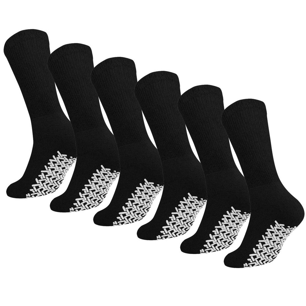 Falari Men Women Anti Slip Grip Non Skid Crew Cotton Diabetic Socks For Home Hospital (6-pairs Black, 13-15 Extra Large)