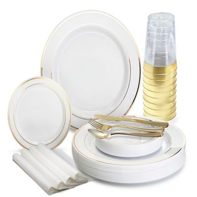 " OCCASIONS " 560pcs set (80 Guests)-Heavyweight Wedding Party Disposable Plastic Plate Set-80 x 10.5'' + 80 x 6.25'' + Gold Silverware + Cups + Napkins (White & Gold Rim)