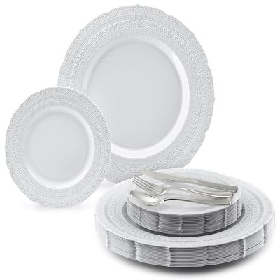 OCCASIONS 125pcs set (25 Guests)-Wedding Plastic Plates & cutlery -Disposable heavyweight Dinnerware 11'', 7'' + Silver Silverware (Chateau in Light Gray)