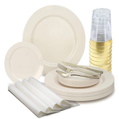 " OCCASIONS " 175pcs set (25 Guests)-Heavyweight Wedding Party Disposable Plastic Plate Set -25 x 10.5'' + 25 x 6.25'' + Gold Silverware + Cups + Napkins (Plain Ivory)