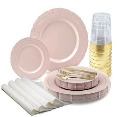" OCCASIONS " 560pcs set (80 Guests)-Heavyweight Wedding Party Disposable Plastic Plate Set-80 x 11'' + 80 x 7'' + Gold Silverware + Cups + Napkins (Chateau in Blush/Dusty Rose Pink)
