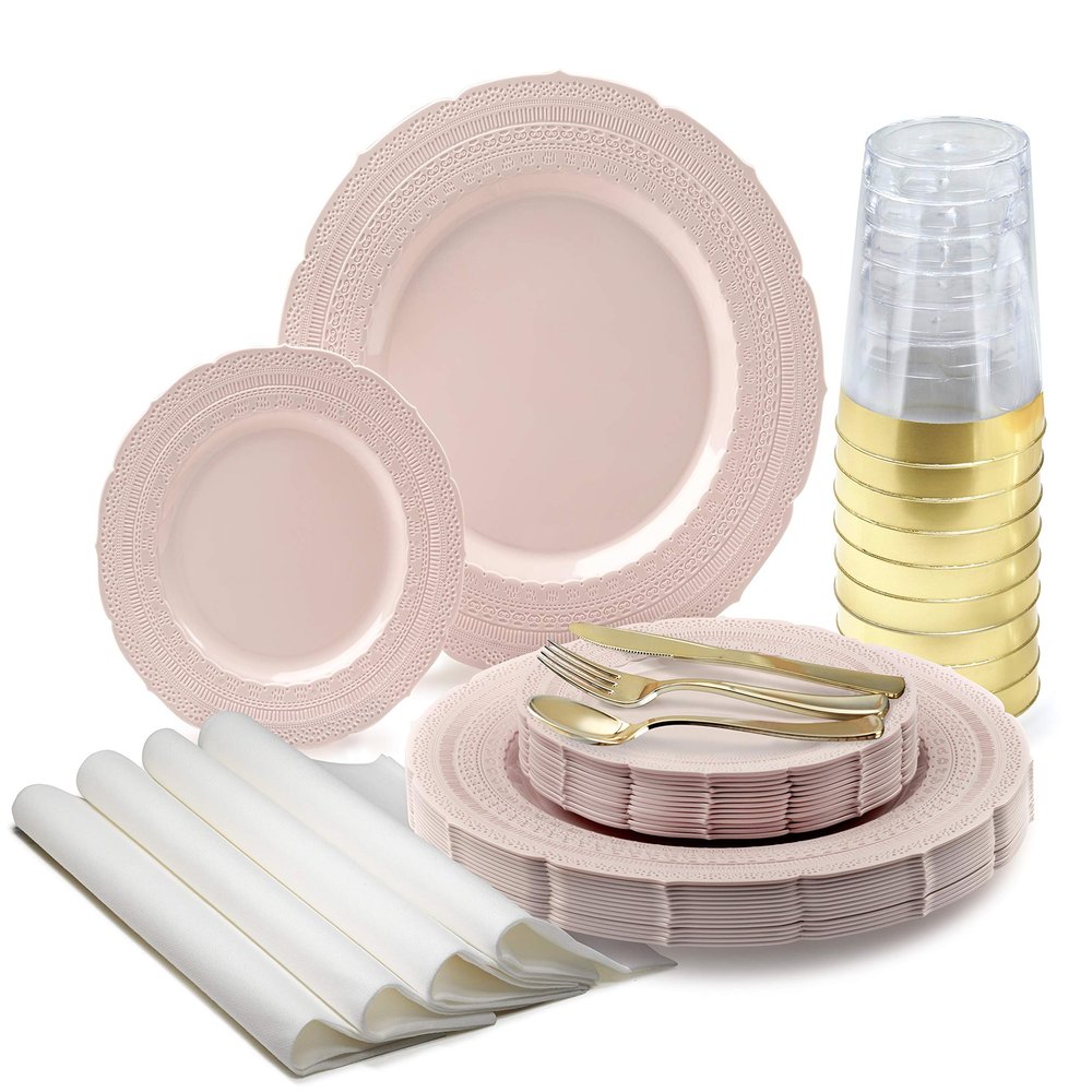 " OCCASIONS " 560pcs set (80 Guests)-Heavyweight Wedding Party Disposable Plastic Plate Set-80 x 11'' + 80 x 7'' + Gold Silverware + Cups + Napkins (Chateau in Blush/Dusty Rose Pink)