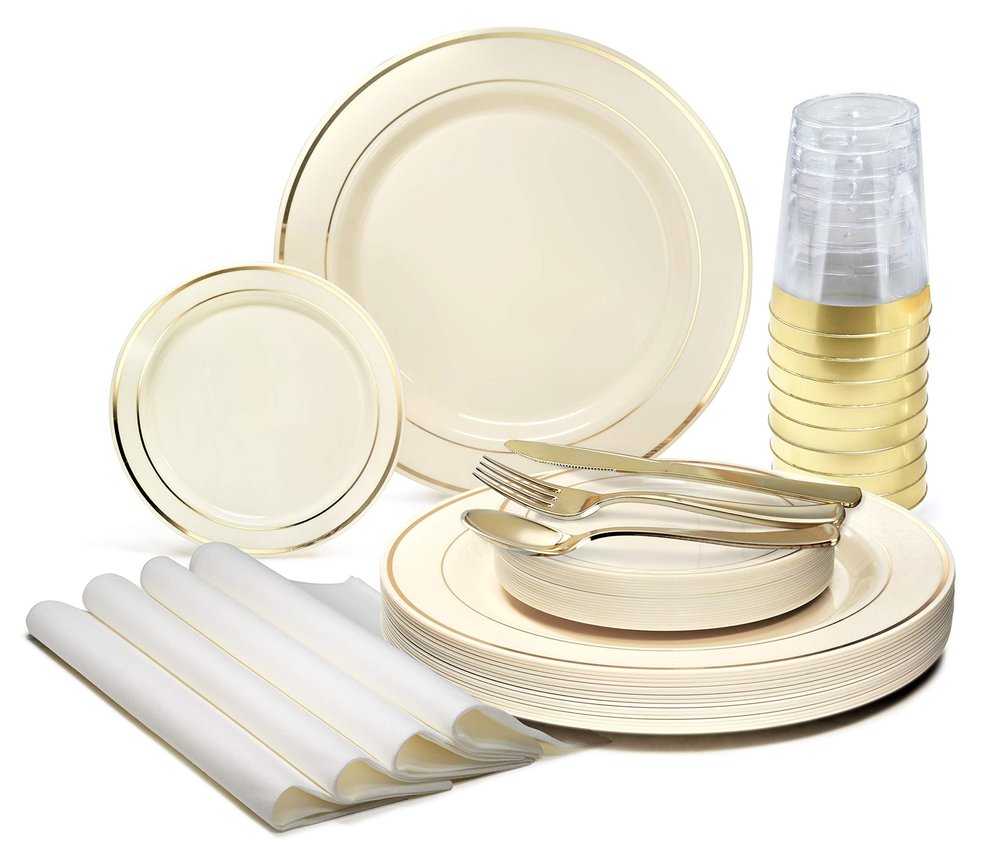 " OCCASIONS " 280pcs set (40 Guests)-Heavyweight Wedding Party Disposable Plastic Plate Set-40 x 10.5'' + 40 x 6.25'' + Gold Silverware + Cups + Napkins (Ivory & Gold Rim)