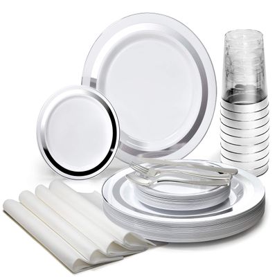 " OCCASIONS " 560pcs set (80 Guests)-Heavyweight Wedding Party Disposable Plastic Plate Set-80 x 10.5'' + 80 x 6.25'' + Silverware + Cups + Napkins (Soleil White & Silver)