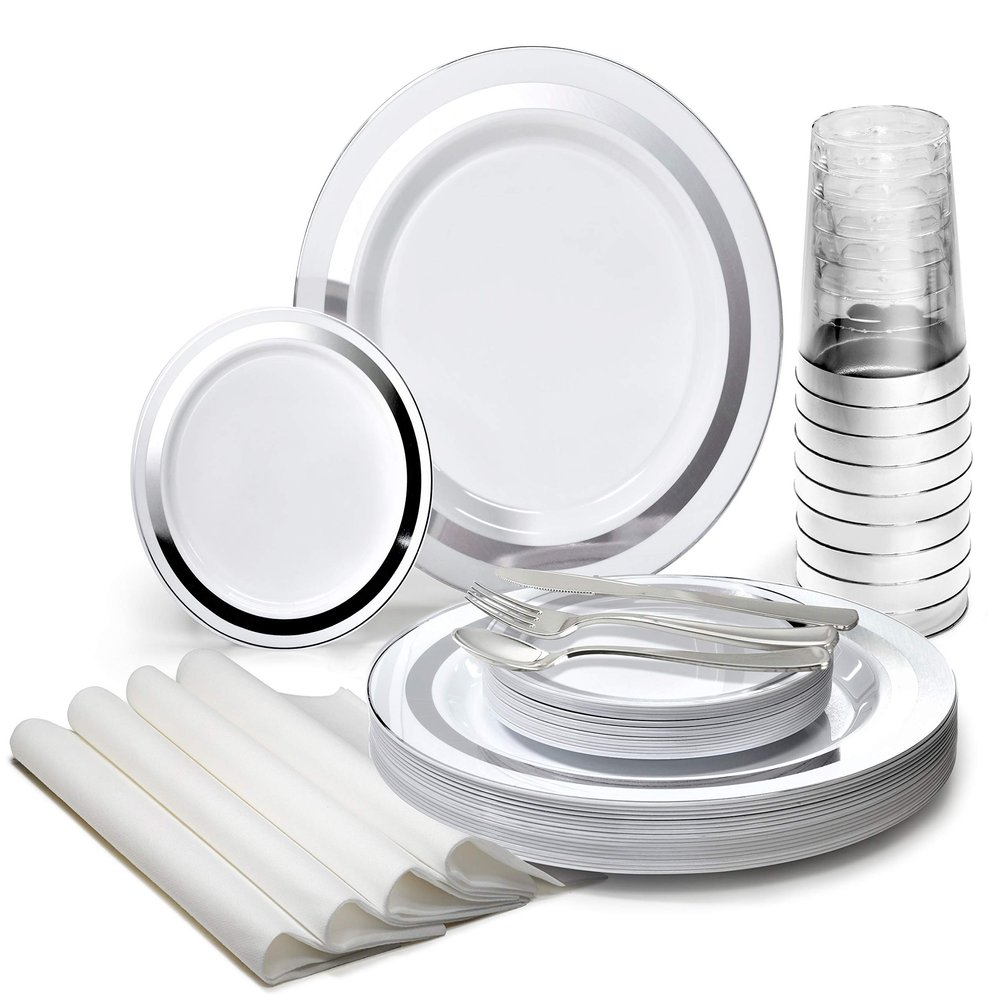 " OCCASIONS " 560pcs set (80 Guests)-Heavyweight Wedding Party Disposable Plastic Plate Set-80 x 10.5'' + 80 x 6.25'' + Silverware + Cups + Napkins (Soleil White & Silver)