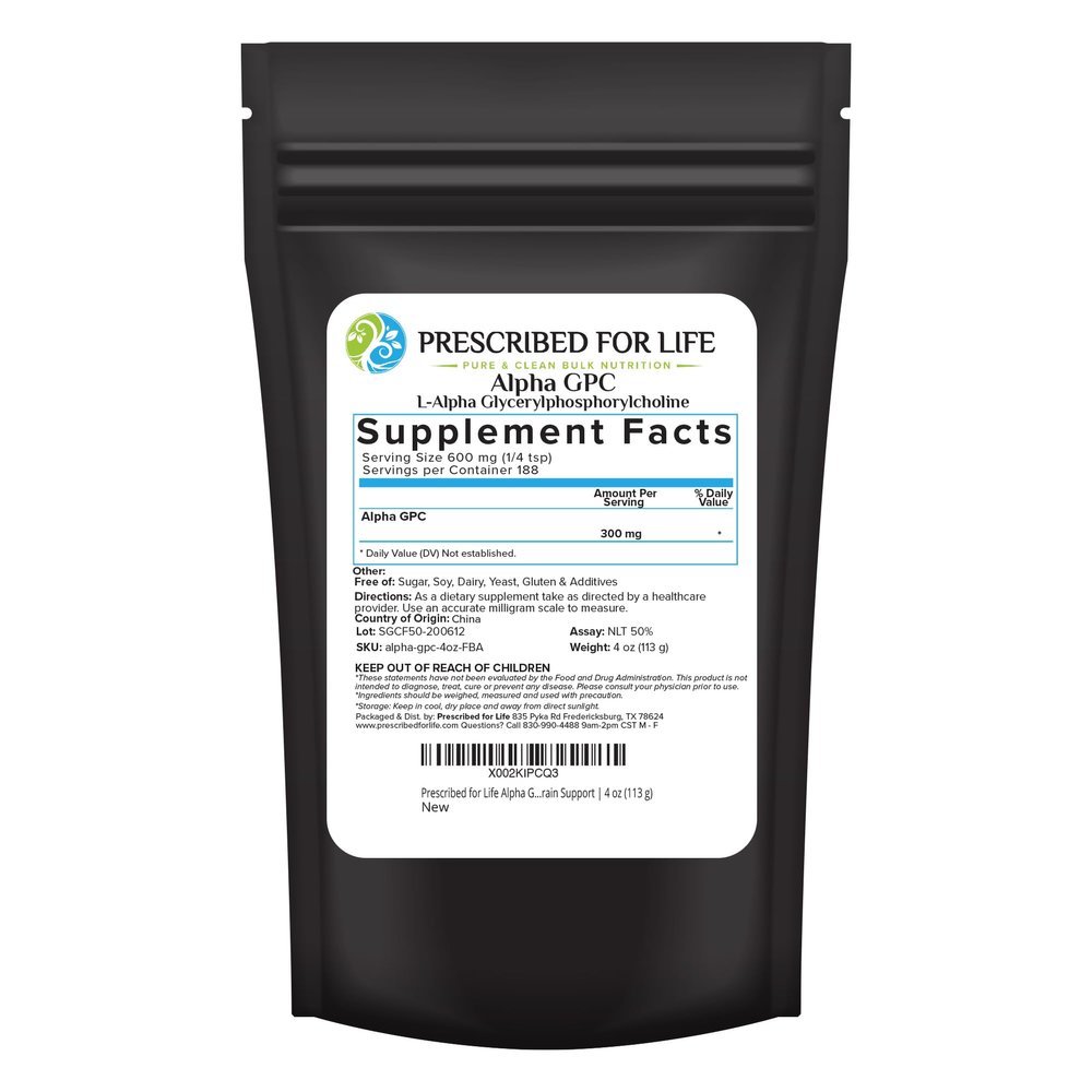 Prescribed For Life Alpha GPC Powder, L Alpha glycerylphosphorylcholine, Choline Supplement for Cognitive Function, Non GMO, Vegan, Soy Free (113g)