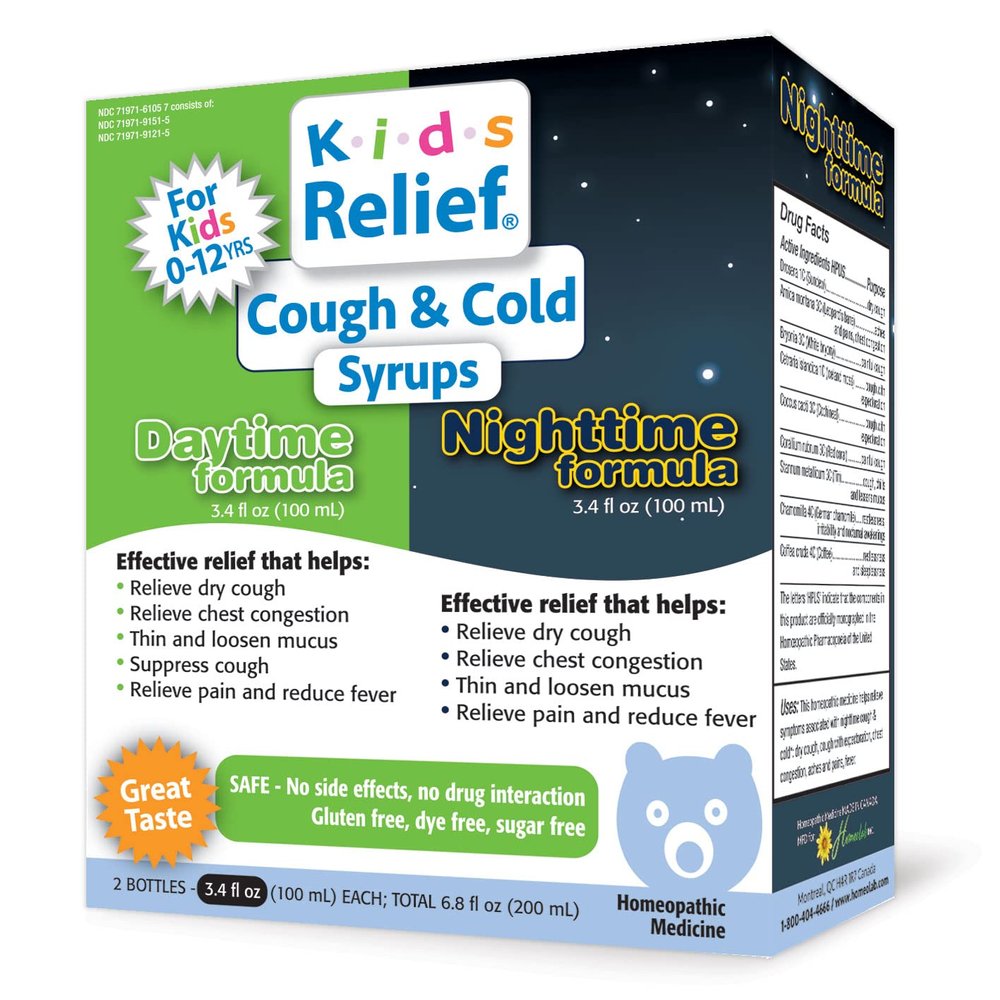 Kids Relief Cough & Cold Syrup Bundle, Daytime & Nighttime Formulas, for Kids 0-12 Yrs, Caramel Flavor, Gluten and Dye Free, No Added Sugar, 2 x 3.4 oz