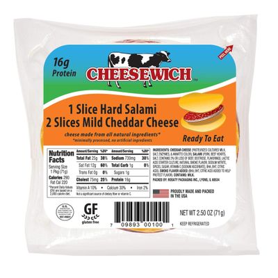 Cheesewich Low Carb, High Protein, Keto Friendly, Gluten Free Hard Salami and Mild Cheddar Cheese 2.5 ounce (Pack of 96)