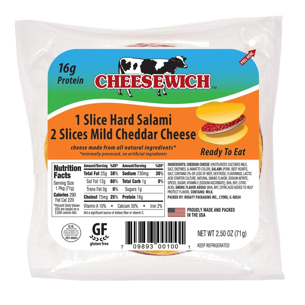Cheesewich Low Carb, High Protein, Keto Friendly, Gluten Free Hard Salami and Mild Cheddar Cheese 2.5 ounce (Pack of 96)