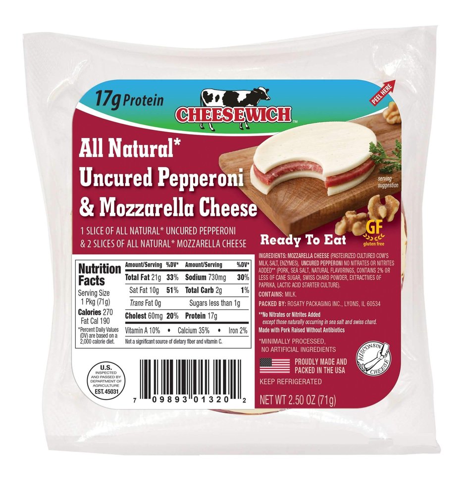 Cheesewich Gluten Free, Low Carb, High Protein, Keto Friendly, All Natural Mozzarella and Uncured Pepperoni 2.5 ounces (Pack of 64)