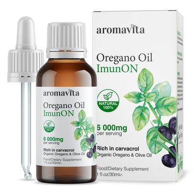 AROMAVITA ImunON Organic Greek Oregano Oil Drops Extra Strength 8690% Carvacrol Natural Immunity Support- Liquid Bio Oil of Oregano 200 Servings Vegan, Non-GMO, Gluten-Free 1 fl oz (30 mL)