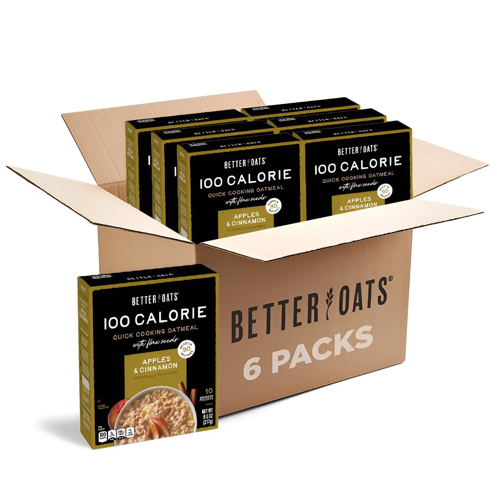 Better Oats 100 Calorie Apples and Cinnamon Oatmeal Packets, Instant Breakfast with Flax Seeds and Natural Apple-Cinnamon Flavor, Quick Cooking, Box of 10 Pouches (Pack of 6)