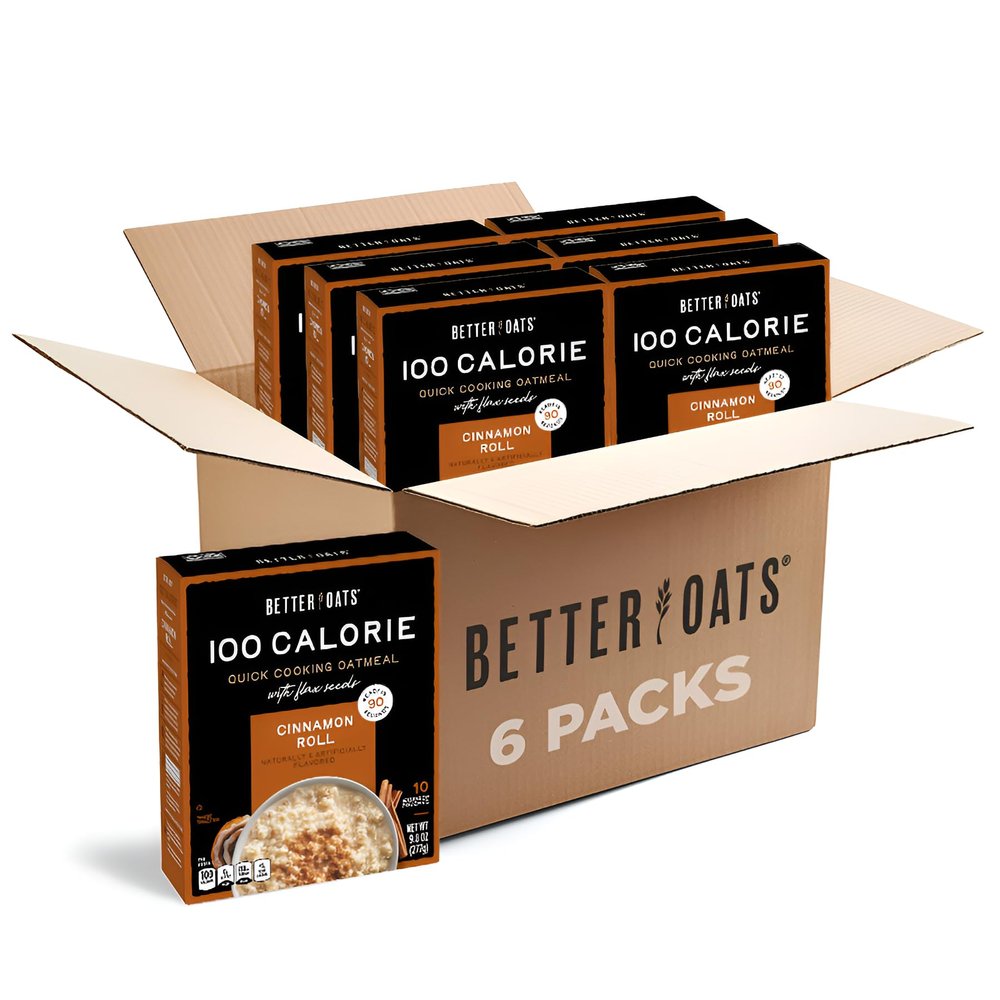 Better Oats 100 Calorie Cinnamon Roll Oatmeal Packets, Flax Seeds and Whole Grains, Instant Breakfast, Cooks in 90 Seconds, Box of 10 Pouches (Pack of 6)