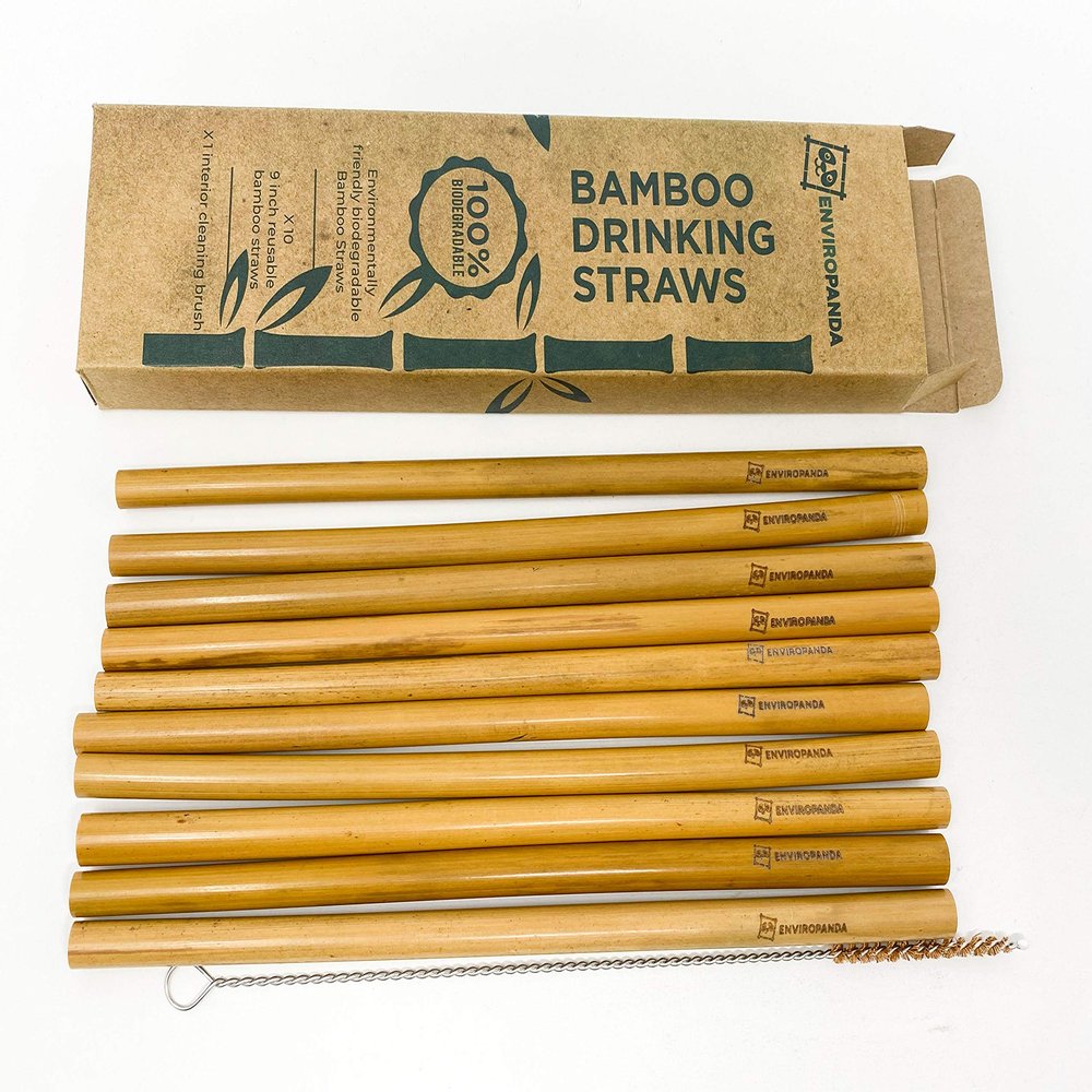 10 9" EnviroPanda Bamboo Drinking Straws with 1 Coconut Bristle Cleaning Brush - Reusable Organic Sustainable Biodegradable - 100% Natural Eco-Friendly  Plastic Free  No Ink or Dye