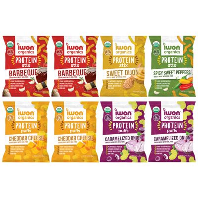 IWON Organics, Variety Pack of 8 Tasty Snacks, Protein Puffs and Snack Stix, High Protein and Organic Healthy Snacks, 5 Flavors, 8 Bags, 1.5 Ounce