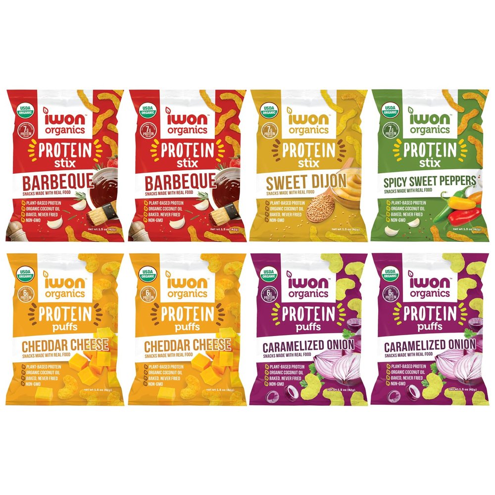 IWON Organics, Variety Pack of 8 Tasty Snacks, Protein Puffs and Snack Stix, High Protein and Organic Healthy Snacks, 5 Flavors, 8 Bags, 1.5 Ounce
