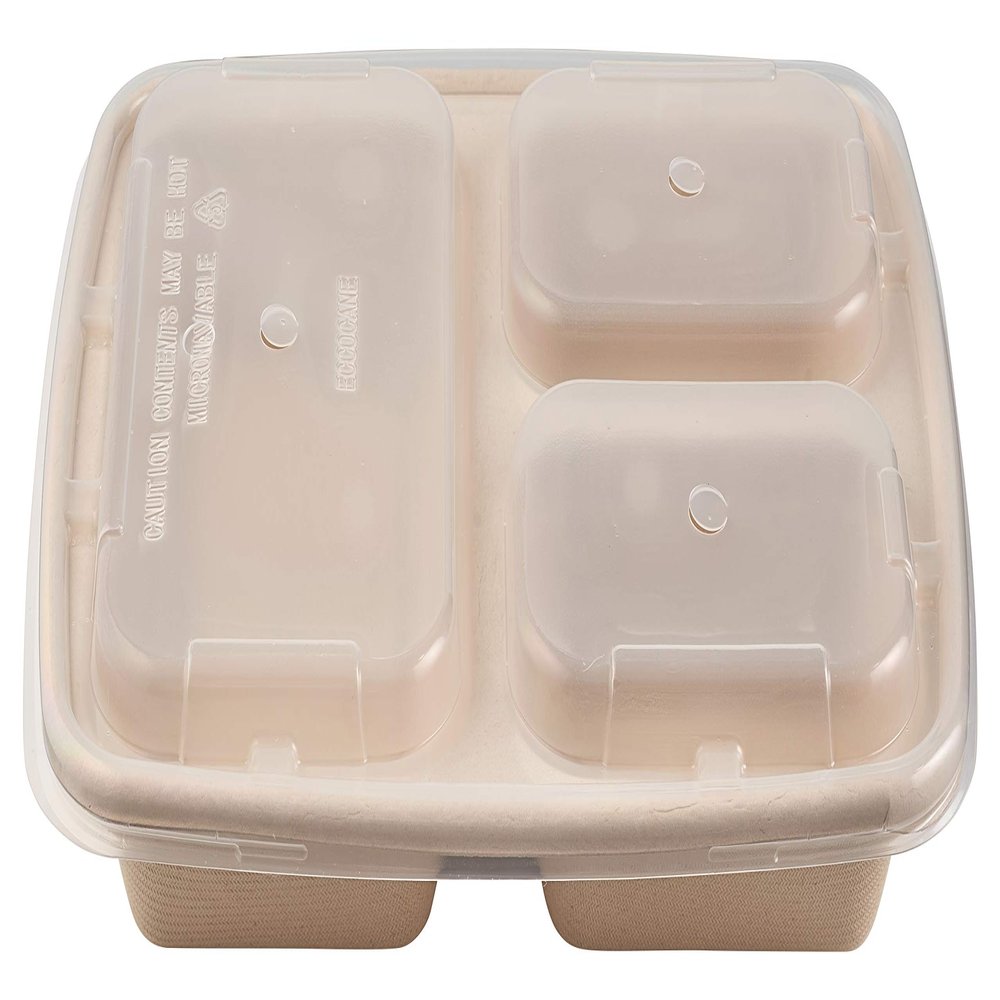 [100 Pack] 36 oz 3 Compartment Compostable Food Storage Container with Lids - Biodegradable, Sugarcane, Plant Fiber, Heavy Duty, Microwavable, Tree Free, Ecofriendly, Lunch Trays, Meal Prep, Bento
