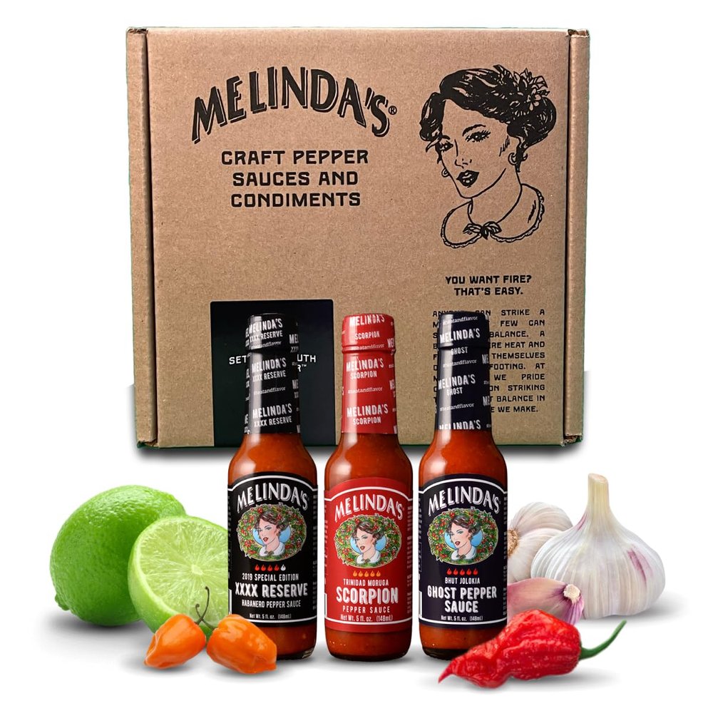 Melindas Extreme Fiery Variety Pack - Extra Spicy Craft Hot Sauce Gift Set - Includes Ghost Pepper, Scorpion Pepper, Habanero XXXXtra Reserve - Extreme Heat Hot Sauce Variety Set - 5oz, 3 Pack
