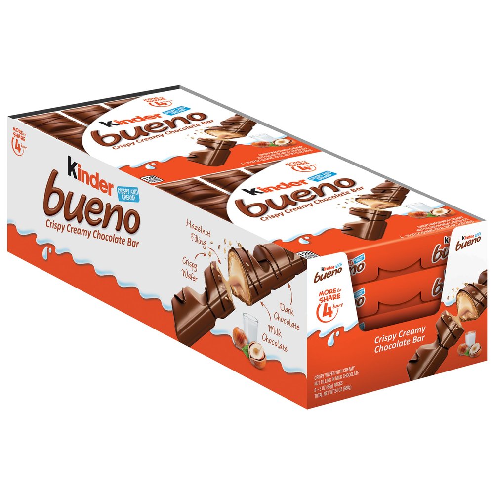 Kinder Bueno Milk Chocolate Bars with Hazelnut Cream, Bulk 8 Pack, Chocolate Candy Bars for Game Day, Football Party Supplies, Snacks for Adults, 4 Per Pack