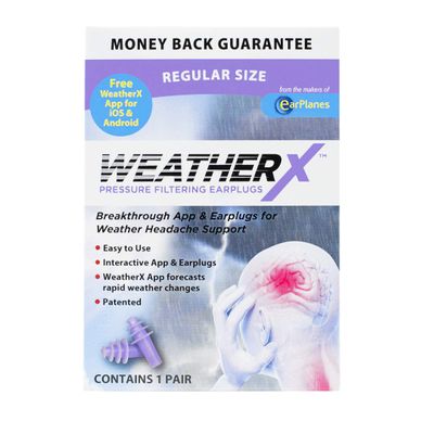 WeatherX Migraine Prevention Pressure Filtering Earplugs for Shifts in Barometric Weather Pressure, Adult Size (1 Pair)