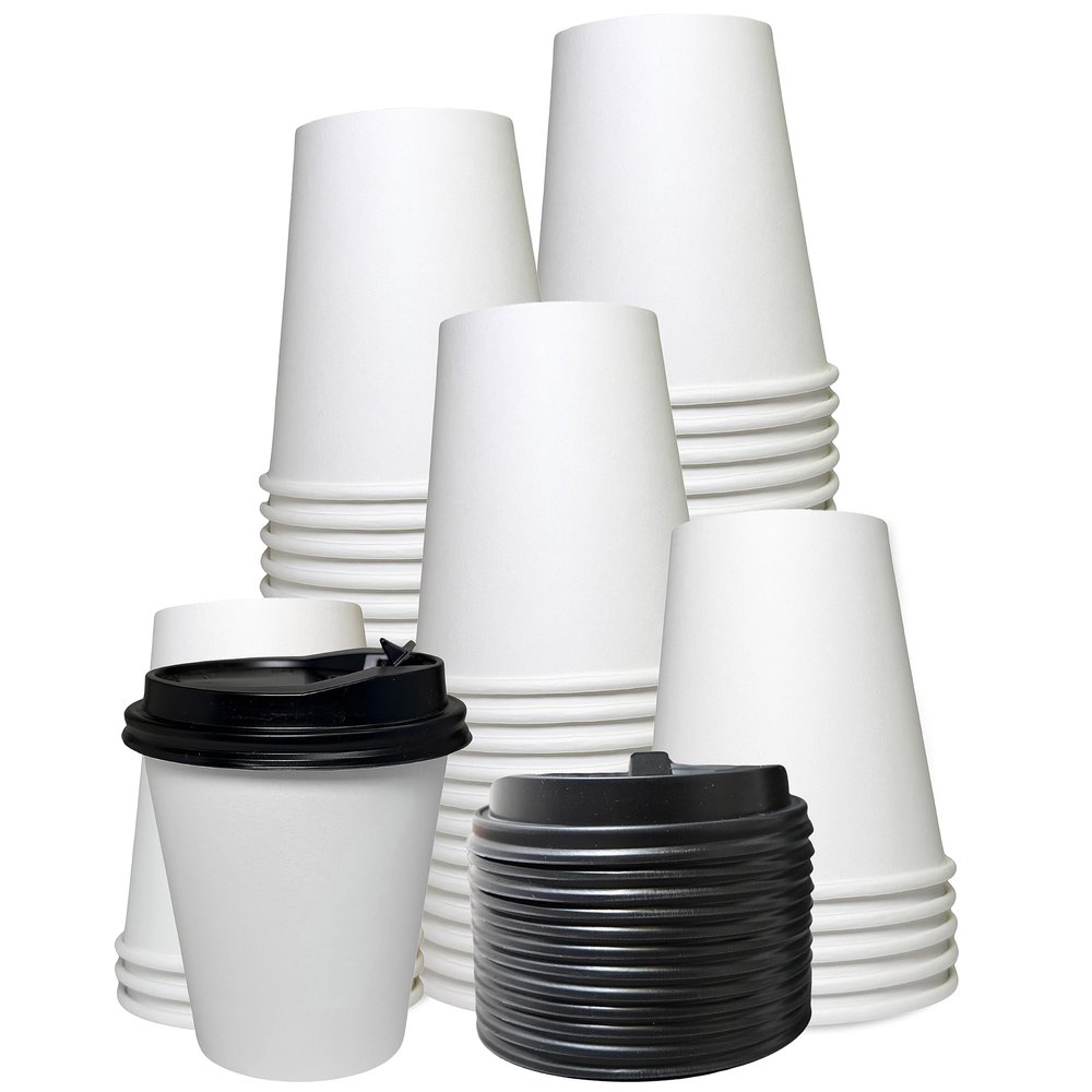 EcoQuality 2 Pack of 150 ct - White Hot Drink Paper Cups 10 oz with Black Dome Lids - Disposable Coffee Cups, Recyclable, Compostable, Office, Breakrooms, Restaurants