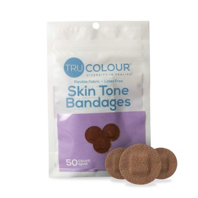 Tru-Colour Skin Tone Spot Bandages, Resealable Bag (50 Count) - Flexible, Waterproof, PFAS-Free Adhesive Strips Help Protect Blisters, Pimples, Pokes - Dark Brown