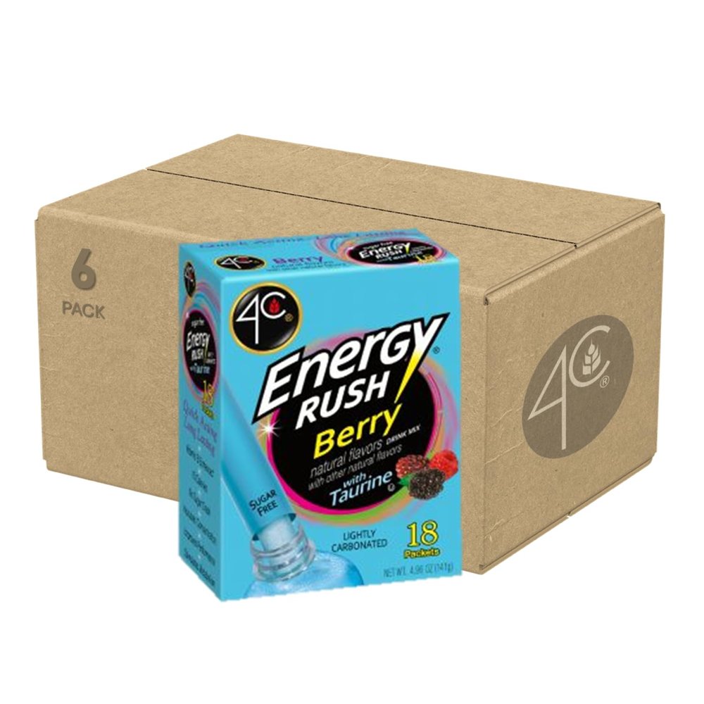 4C Energy Rush Stix, Berry 6 Pack, 18 Count, Single Serve Water Flavoring Packets, Sugar Free with Taurine, On the Go Bundle