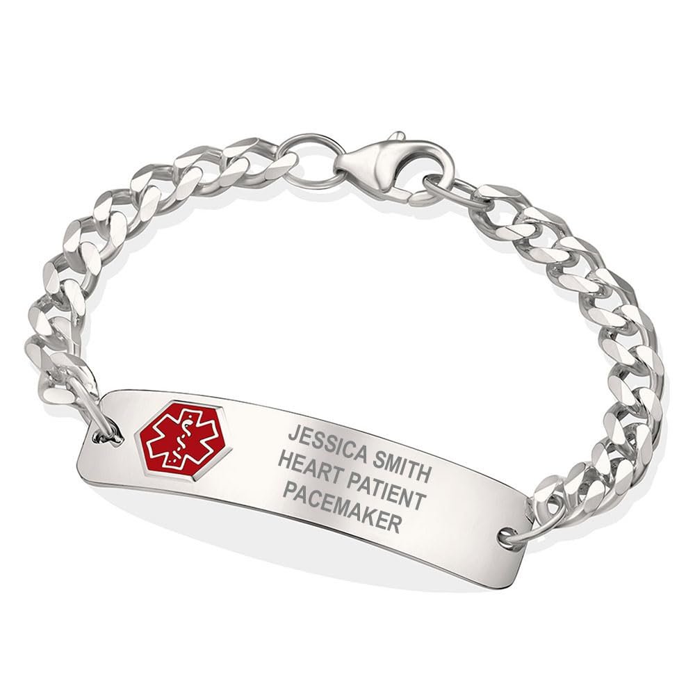 American Medical ID  Sterling Silver Classic Red Medical Alert ID Bracelet  Unisex for Women and Men, Red Emblem on Alert Bracelet. (5.5"  6.5" wrist)