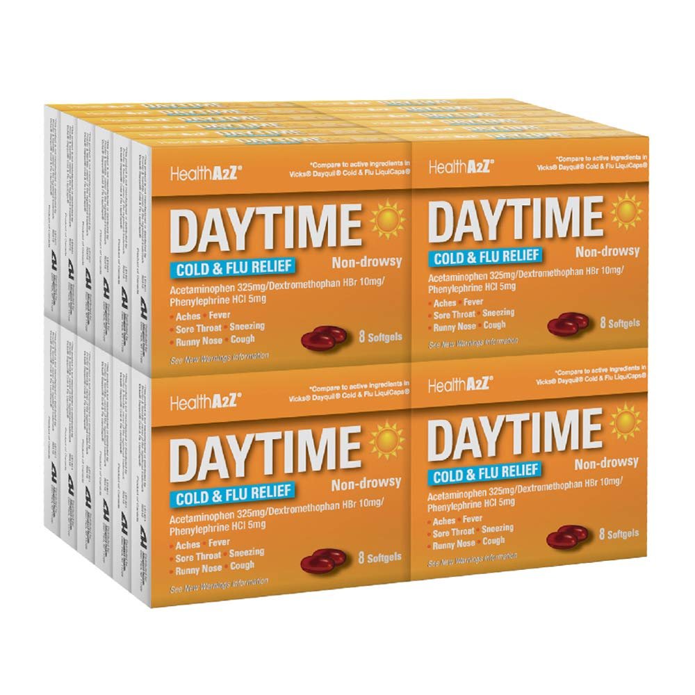 HealthA2Z Daytime | Cold & Flu Medicine | Powerful Multi-Symptom Daytime Relief | 8 Count (Pack of 24) | 192 Softgels Total | Value Pack