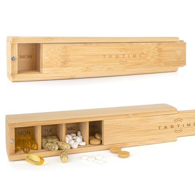 Bamboo Weekly Pill Organizer - 7 Day Wood Tablet Box - Ideal Aesthetic Pill Organizer for Vitamins or Supplements