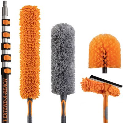 30 Foot High Reach Duster Kit with 5-24 ft Extension Pole // High Ceiling Dusting and Window Cleaning Kit with Telescopic Pole // Window Washer & Squeegee, Cobweb Duster, Fan Blade and Feather Duster