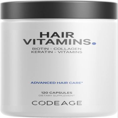 Codeage Hair Vitamins 10000 mcg Biotin, Keratin, Collagen, Vitamin A, B12, C, D3, E, Zinc, Turmeric, Probiotics, Enzymes, Inositol - Hair Care Support - Healthy Hair Supplement Pills - 120 Capsules