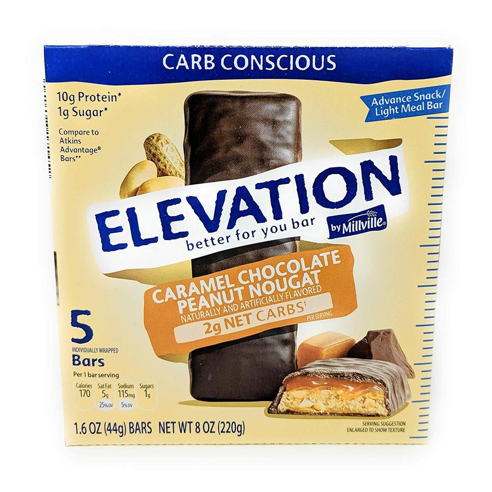 Millville Elevation Protein Bars Snack Endulgent Treat 1.4oz Bars 5g Protein (Caramel Chocolate Peanut Nougat, 2 Pack (10 Bars))