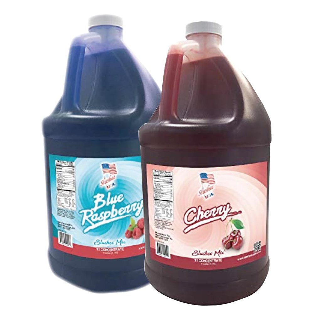 2 Flavor Half Case Blue Raspberry/Cherry Slushee Mix - Half Case of 2 x 1 Gallons | 256 oz (Yields Approx. 192-12oz servings per case) | Mixing Ratio 7 (Water) to 1 (Product Mix)
