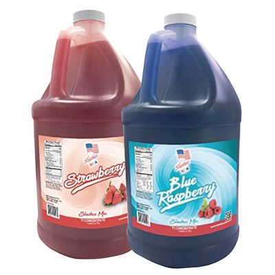 2 Flavor Half Case Strawberry/Blue Raspberry Slushee Mix - Half Case of 2 x 1 Gallons | 256 oz (Yields Approx. 192-12oz servings per case) | Mixing Ratio 7 (Water) to 1 (Product Mix)