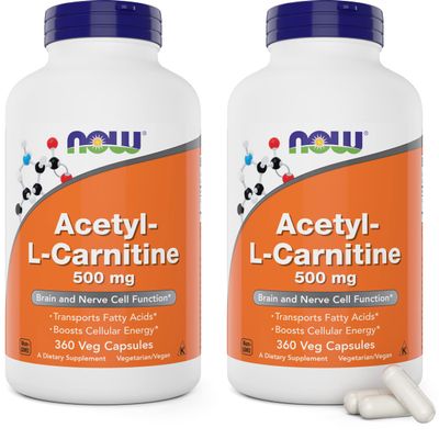 NOW Foods Now Acetyl L Carnitine 500mg, 360 Veg Caps (Pack of 2) - Non-GMO ACL 500 mg Capsules Supplement for Men and Women