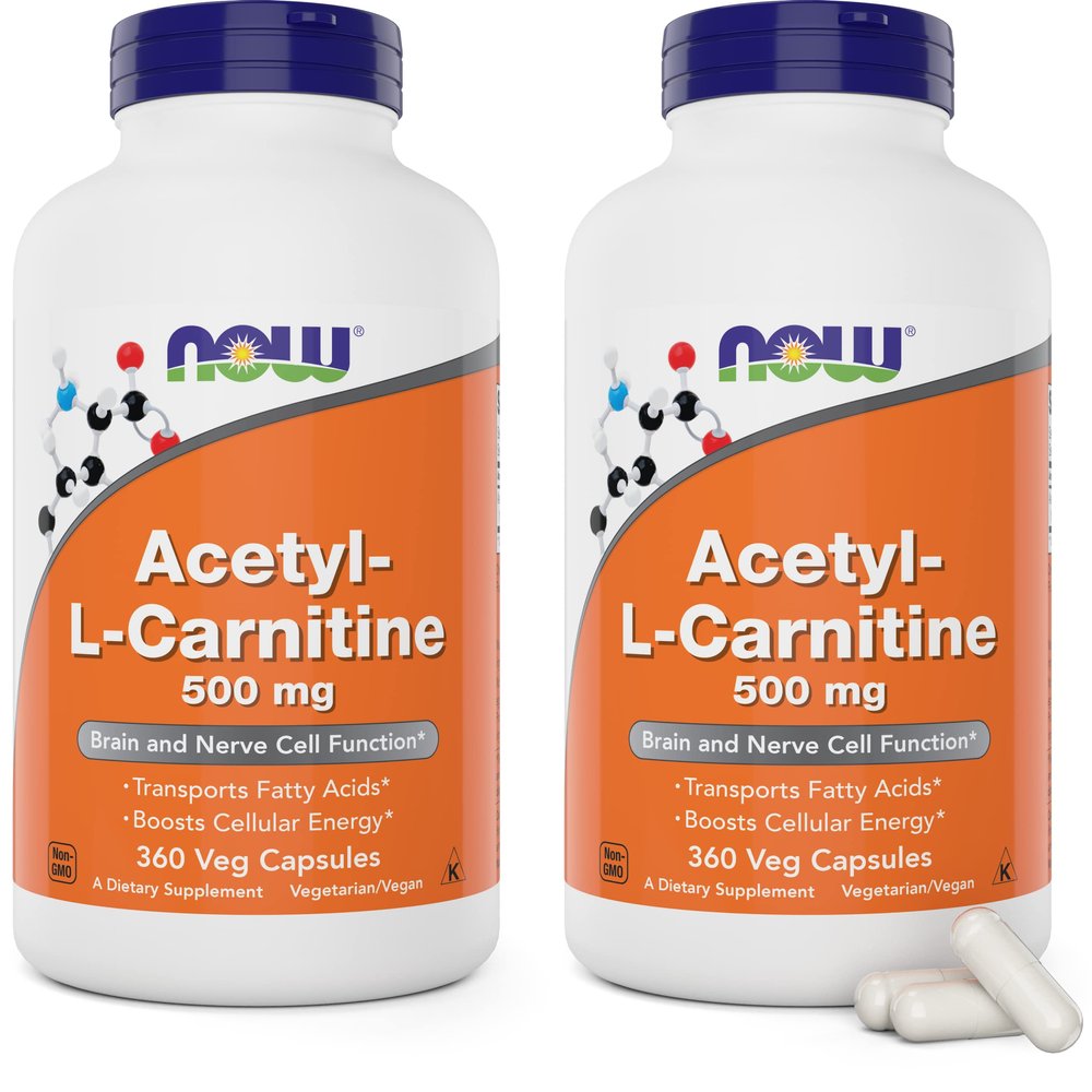 NOW Foods Now Acetyl L Carnitine 500mg, 360 Veg Caps (Pack of 2) - Non-GMO ACL 500 mg Capsules Supplement for Men and Women