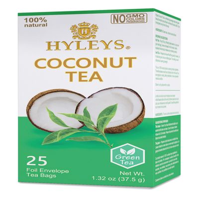 12 Pack of Hyleys Natural Wellness Coconut With Green Tea - 25 Tea Bags (100% Natural Gmo Free, Gluten Free, Dairy Free, Sugar Free)